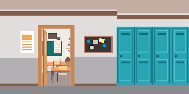 Cartoon empty School interior and open door in classroom
