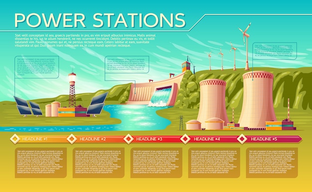 Vector cartoon energy stations alternative, renewable traditional infographics template