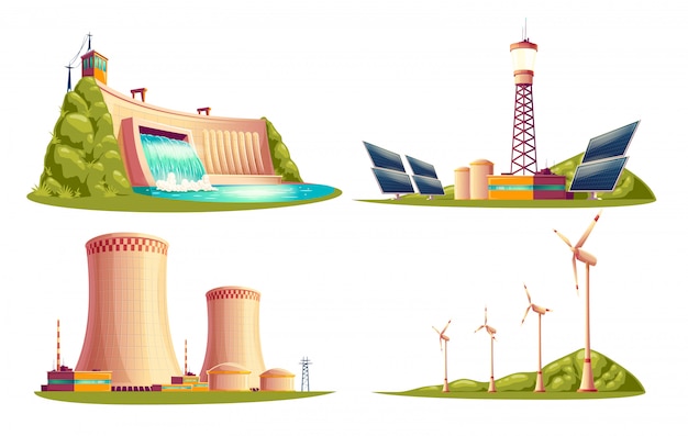 Vector cartoon energy stations - alternative, renewable traditional.