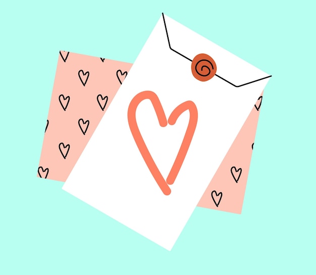 ベクトル 紙の封筒 紙の手紙 郵便切手 ワックススタンプのポストカード ロマンチックなコミュニケーション 愛の心 郵便メッセージの配達 休日の招待状 ベクトルイラスト