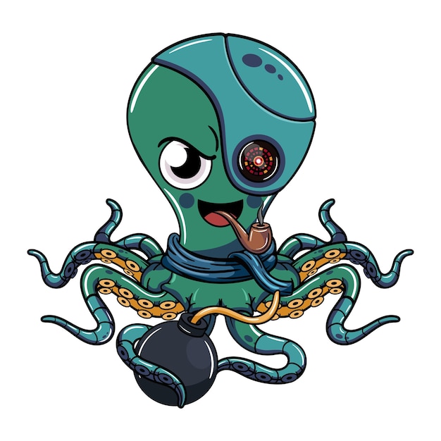 Вектор Карикатурный злобный киборг-октопод, курящий трубку с бомбой в щупальце иллюстрация для фантастической научной фантастики и приключенческих комиксов
