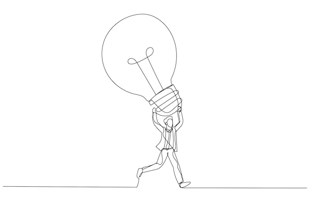 Cartone animato di uomo d'affari eccitato che porta una grande idea di lampadina correndo per inventare un nuovo prodotto grande idea uno stile artistico a linea continua