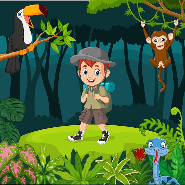 Vector cartoon explorer boy with animals in the jungle