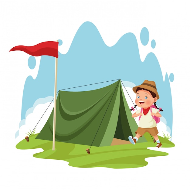 Cartoon explorer girl and camping tent with red flag