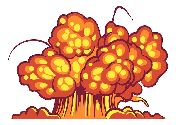 Vector cartoon explosie bang-effect met rook atoombom wapen verbranden vuur boom ontploffen explosieve flash strip element rode dynamiet wolk met schrapnel en vuurbal vector geïsoleerde illustratie