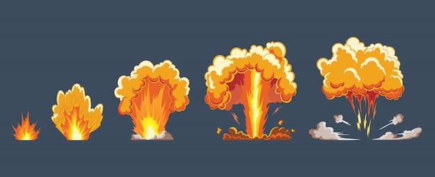 Effetto esplosione del fumetto con il fumo. effetto boom comico, flash esplosivo, fumetto bomba, illustrazione. sprite del telaio. fotogrammi di animazione per il gioco.