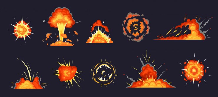 Vector cartoon explosion. exploding bomb, atomic explode effect and comic explosions smoke clouds  illustration set