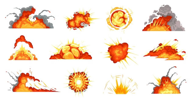 Cartoon explosions. Exploding bomb, fire cloud and explosion burst.