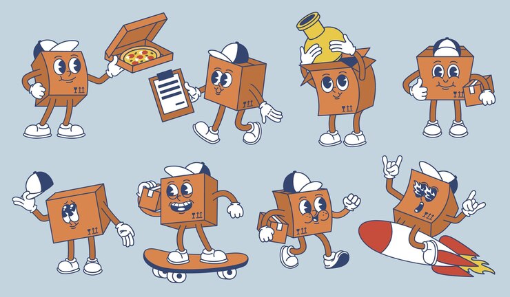 Vector cartoon express delivery box mascot rocket fast parcel delivery happy courier character vector
