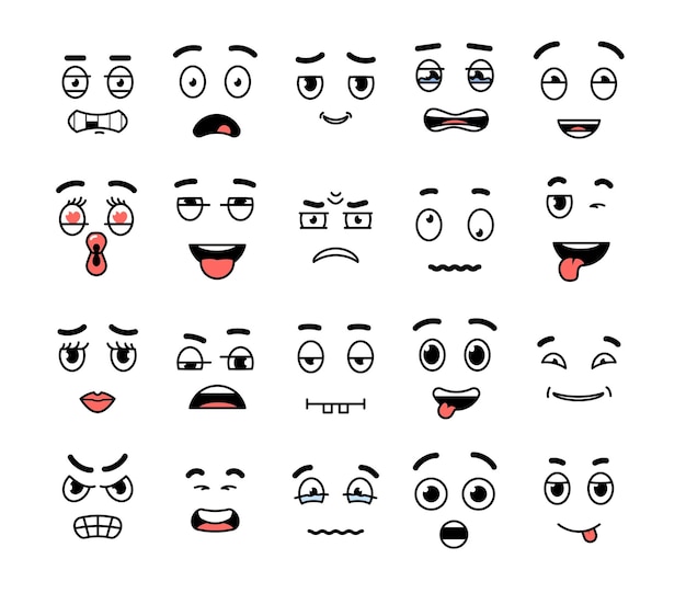 Cartoon expressions Character face expressing mouths and eyes Diverse emotions isolated fun serious winking comic decent vector icons