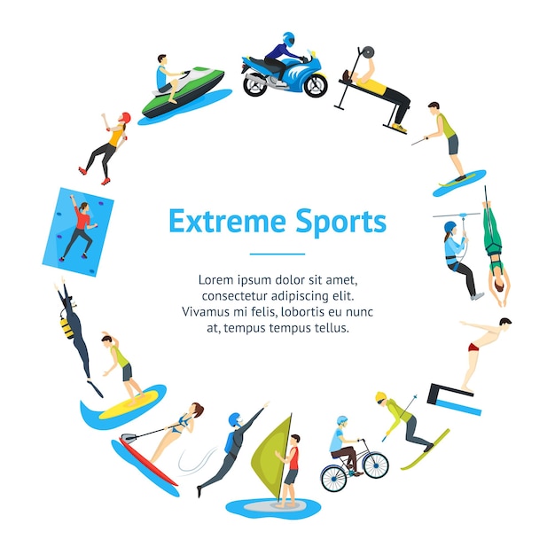 Cartoon extreme sporten mensen banner kaart cirkel vector