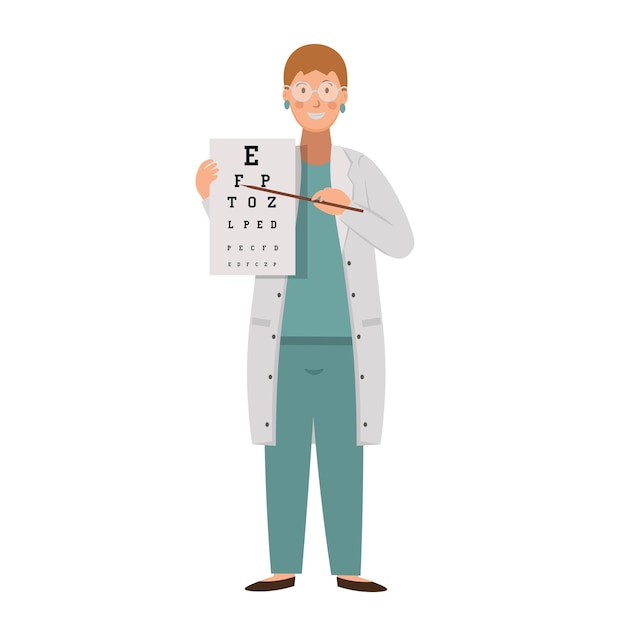 Vector cartoon eye doctor with eye test , character for children. flat vector illustration