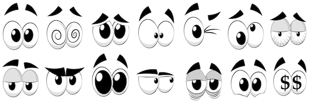 Occhi del fumetto isolati su priorità bassa bianca. una varietà di espressioni con rabbia, tristezza, sorpresa e felicità. illustrazione vettoriale