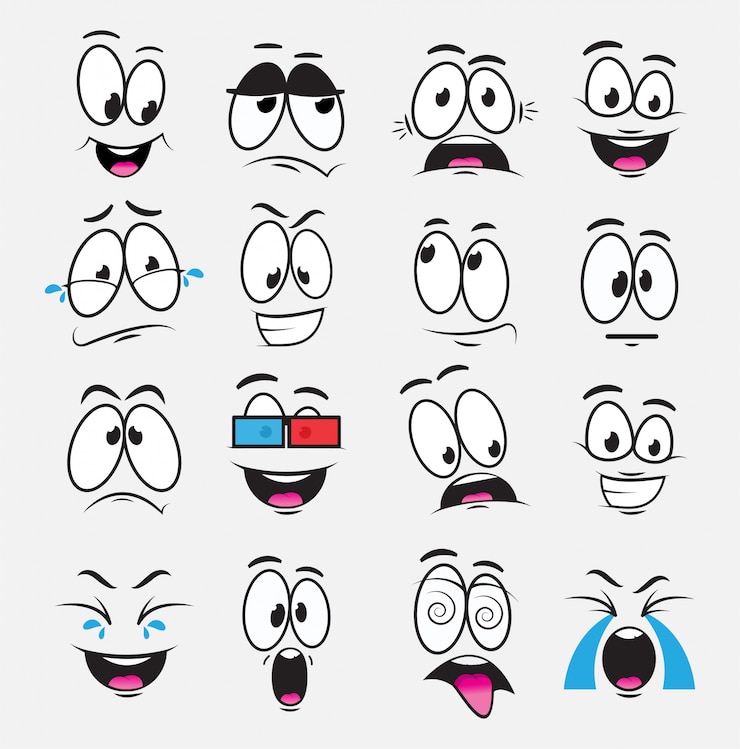 Vector cartoon eyes with expression and emotions, a set of icons, joy, sadness, laughter, reverie, fear, watch a movie, cry. illustration with funny cartoon eyes
