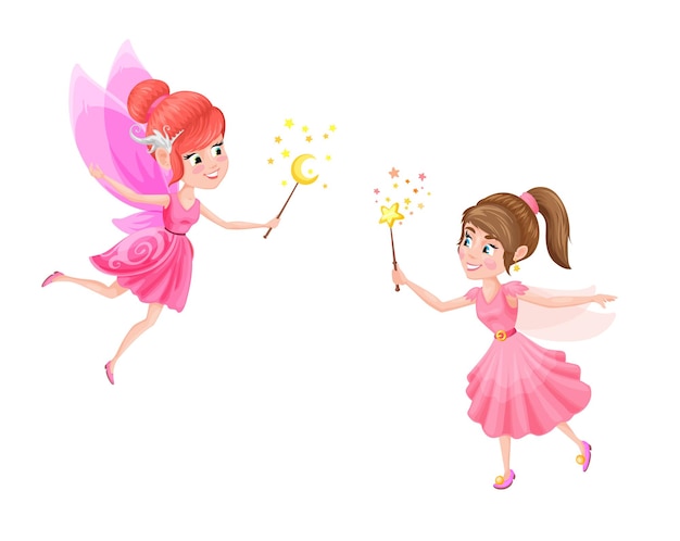 Cartoon fabulous fairy, sorceress, witch, princess characters. Vector female elves wearing pink dresses holding magic wands playing. Cute funny winged girls, fantasy fairy flying like butterflies