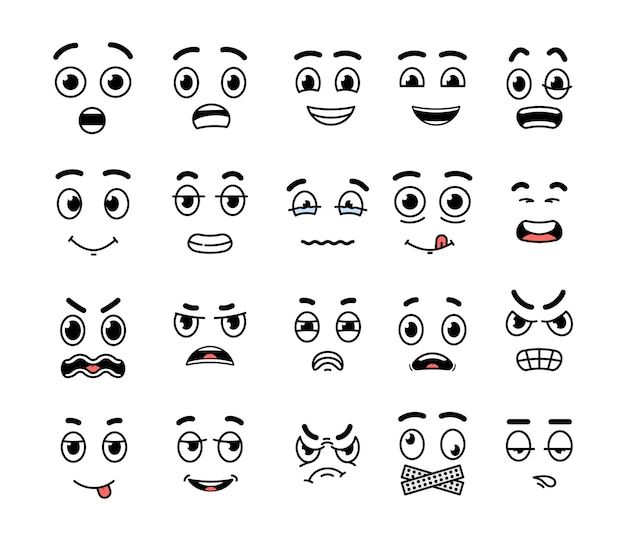 Vector cartoon face expression mouth and eyes expressing happy faces expressive emotions isolated smiling angry crying decent vector characters