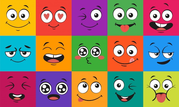 Vector cartoon face expressions. happy surprised faces, doodle characters mouth and eyes  illustration set