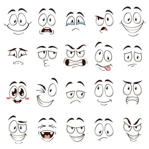 Мультяшные лица. Карикатурные комические эмоции с разными выражениями. Выразительные глаза и рот, набор забавных персонажей, злых и сбитых с толку смайликов