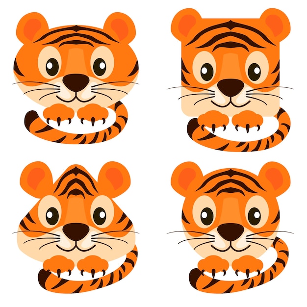 Vector cartoon faces cute tigers in different shapes. vector illustration set orange tigers round, square, triangular for graphic design