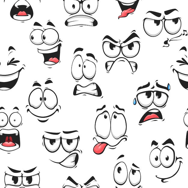 Cartoon facce ed emoji con diverse espressioni facciali motivo senza cuciture sfondo vettoriale di personaggi di emoticon comici con felice divertente arrabbiato e piangere pazze emozioni sciocche e allegre