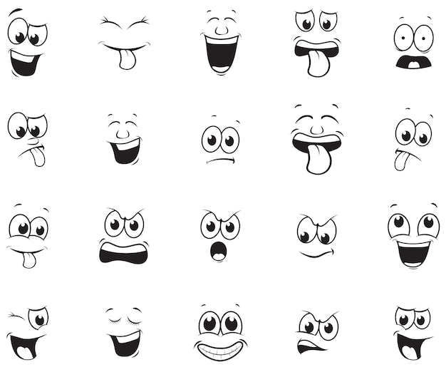 Cartoon faces Expressive eyes and mouth smiling crying and surprised character face expressions