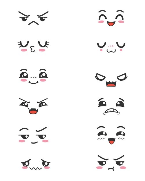 Vector cartoon faces set angry laughing smiling crying scared and other expressions set