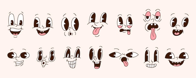 Vector cartoon faces vintage emotional face old style funny eyes and mouth different facial expression