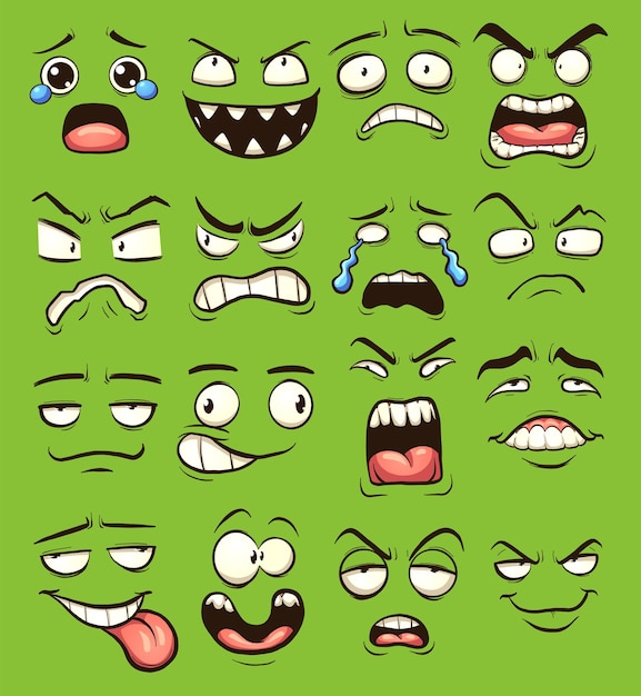 Cartoon faces with different expressions over a green background