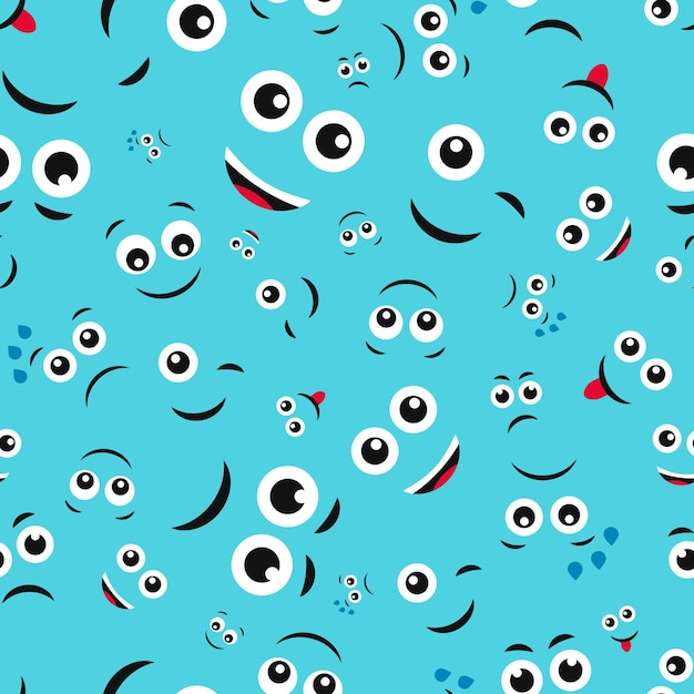 Cartoon faces with emotions Seamless pattern with different emoticons on blue background Vector illustration