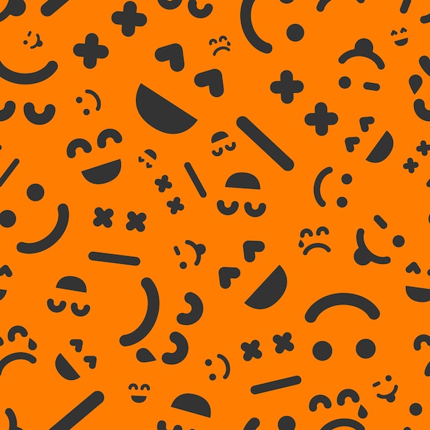 Мультяшные лица с эмоциями бесшовный рисунок с различными смайликами на оранжевом фоне векторная иллюстрация