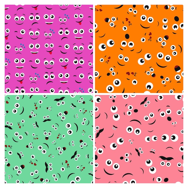 Cartoon faces with emotions set of four seamless patterns with different emoticons