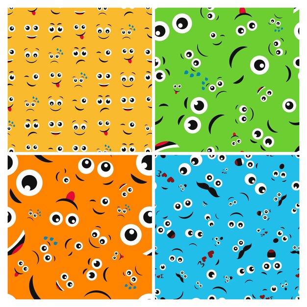 Cartoon faces with emotions. Set of four seamless patterns with different emoticons