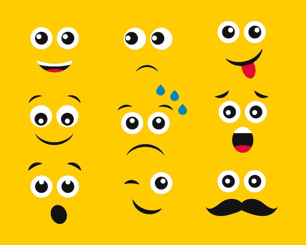 Cartoon faces with emotions on yellow background Set of nine different emoticons Vector illustration