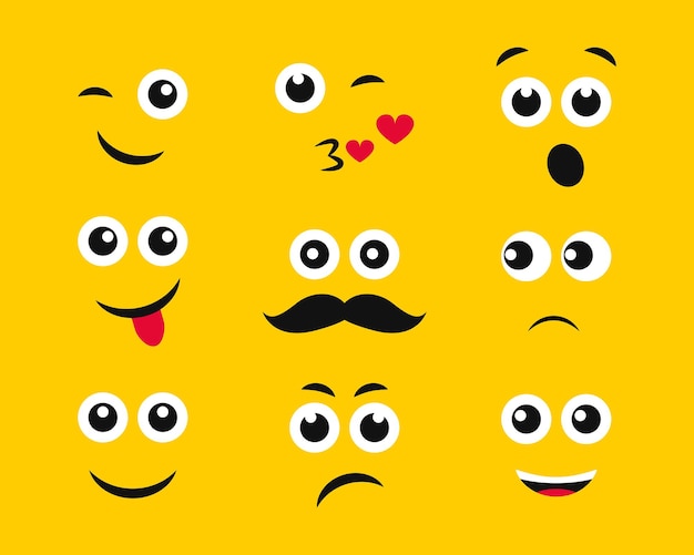 Мультяшные лица с эмоциями на желтом фоне. Набор из девяти разных смайликов. Векторная иллюстрация