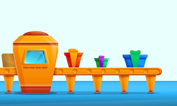 Vector cartoon factory interior with conveyor for the production of gifts, vector illustration
