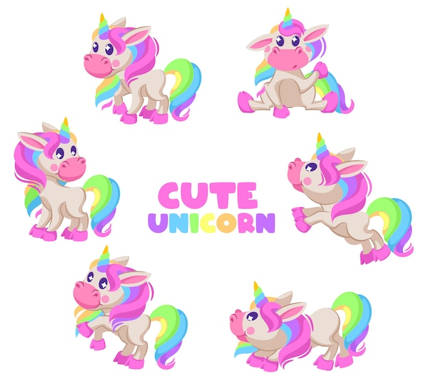 Cartoon fairy baby pony in verschillende houdingen, grappig magisch paard met hoorn en regenboog