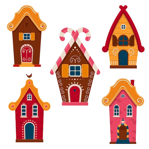 Cartoon fairy tale houses and cottages decorated icing and sweets vector illustration