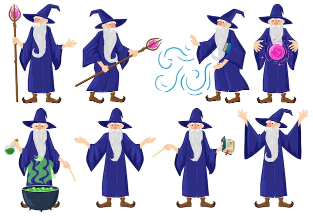 Cartoon fairy tale medieval wizard, magician character. old magician, warlock, witchcraft male fairy tale hero vector illustration set. mystery wizard practicing spells