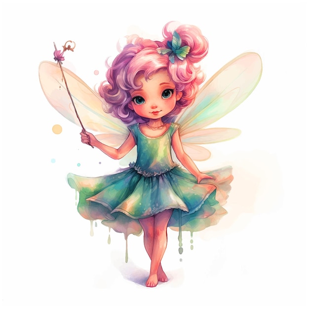 A cartoon fairy with a wand in her hand watercolor paint