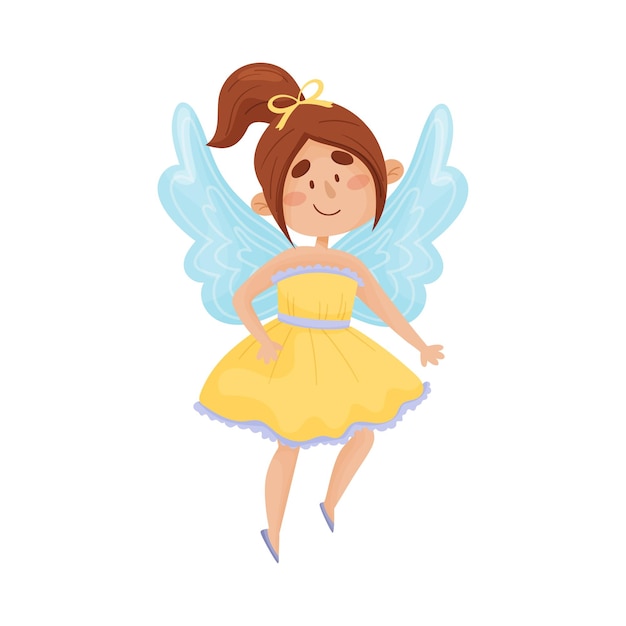 Cartoon fairy in a yellow dress with a light blue frill vector illustration on a white background