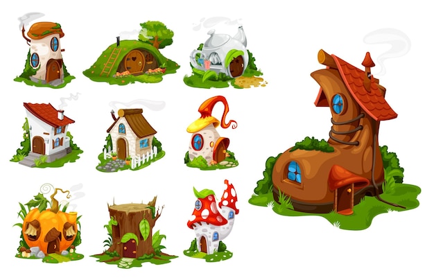 Cartoon fairytale houses and dwelling, buildings