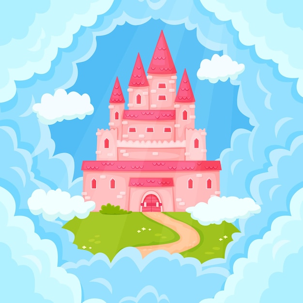 Il castello rosa della principessa delle fiabe dei cartoni animati torri in nuvole. palazzo del regno magico che vola nel cielo, illustrazione vettoriale di un grazioso palazzo fantasy medievale. costruzione da sogno in paradiso per la famiglia reale