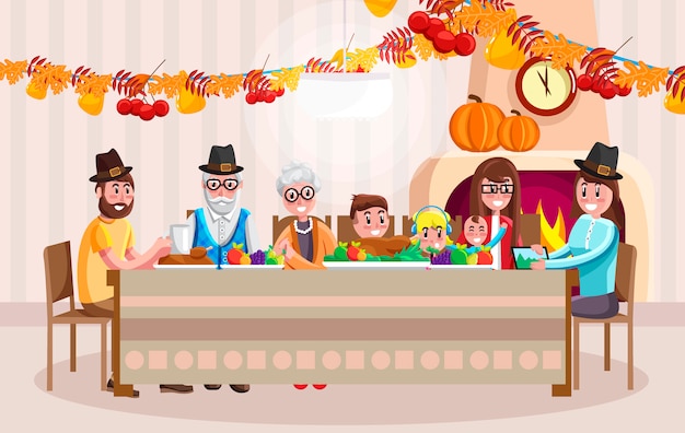 Cartoon familie vieren thanksgiving day