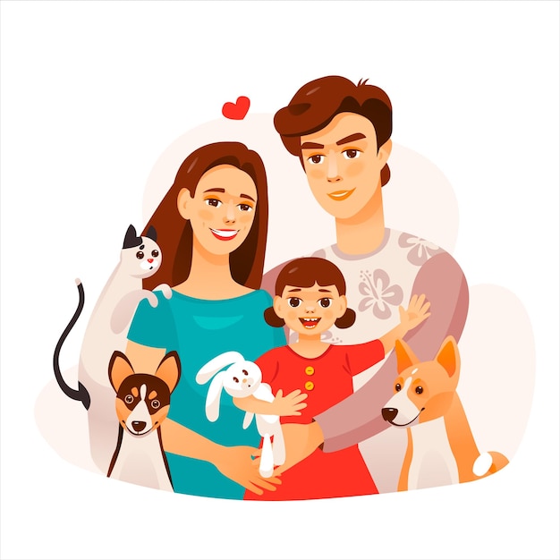 Cartoon familieportret Ouders met een kind en huisdieren Ouders knuffelen het kind Vectorillustratie