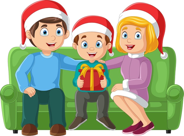 Cartoon family celebrating christmas and sitting on the sofa