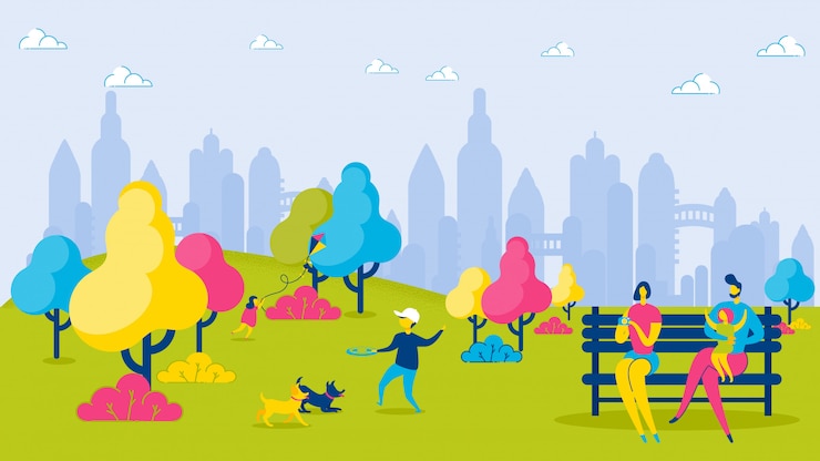 Vector cartoon family children in city park relax leisure