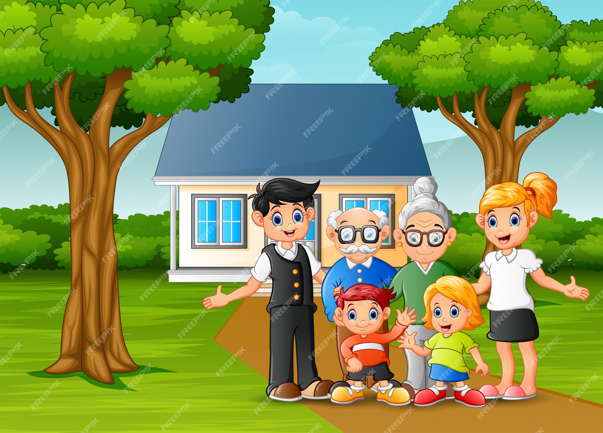 Premium Vector | Cartoon family in front of the house yard Premium Vector | Cartoon family in front of the house yard