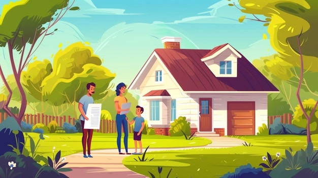 Vector a cartoon of a family in front of their house