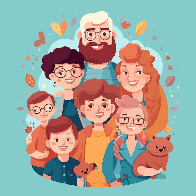 A cartoon family portrait with a bear and a dog.