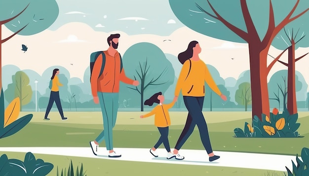 Vector a cartoon of a family walking in a park